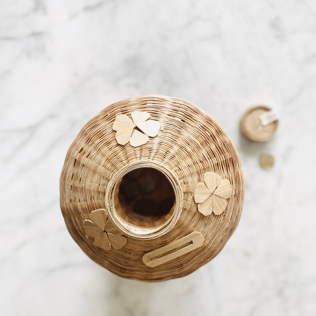 Bamboo money bank with detachable top